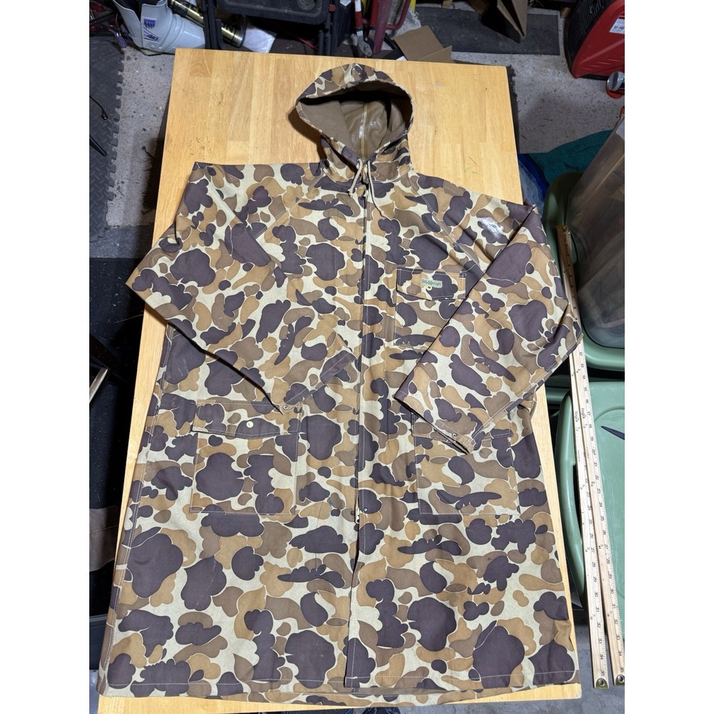 Vintage Hodgman Duck Hunter Camo Raincoat Men's XL Hooded Waterproof Long
